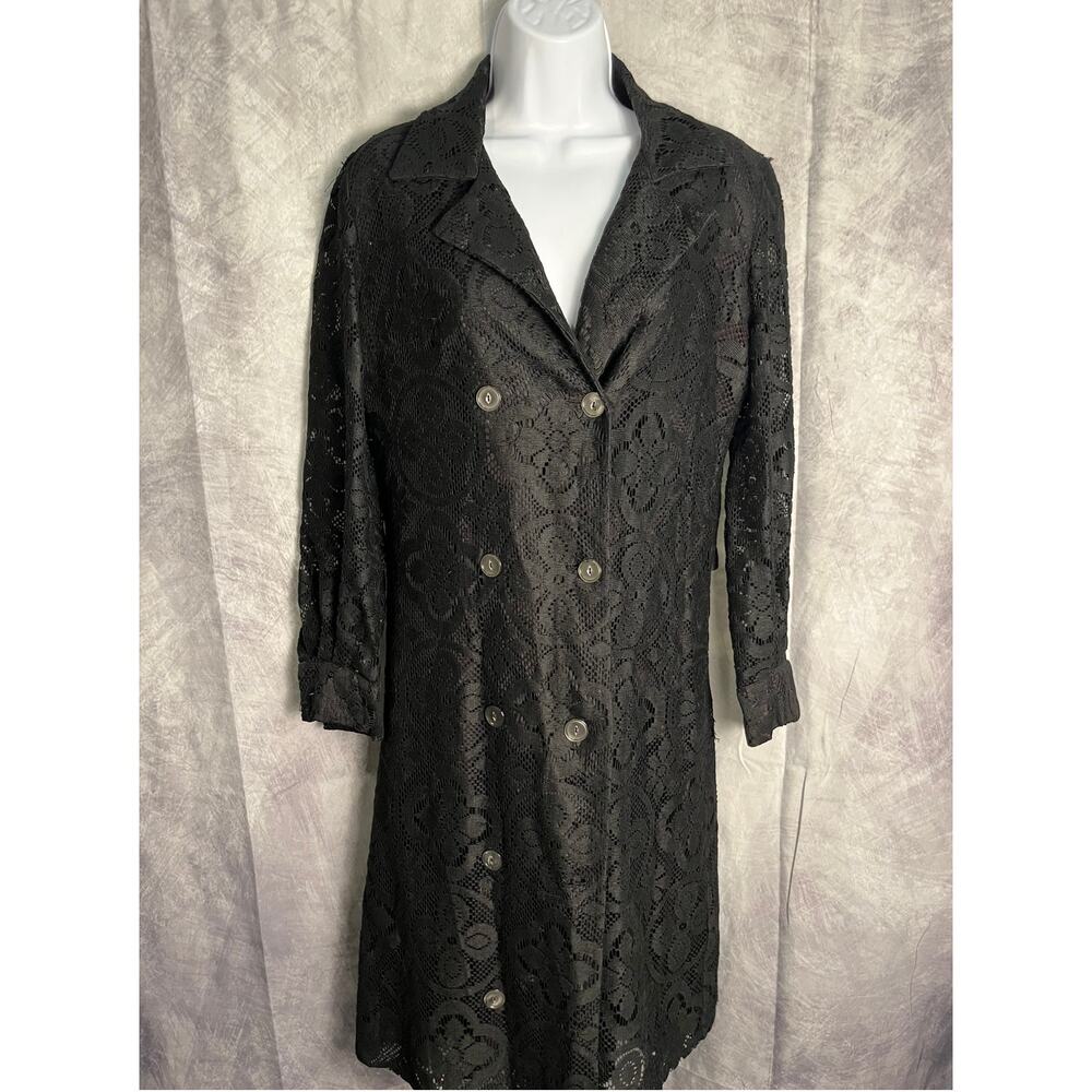 Vintage A Pava Design Black Lace Brocade Long Coat – Size M (Estimate)